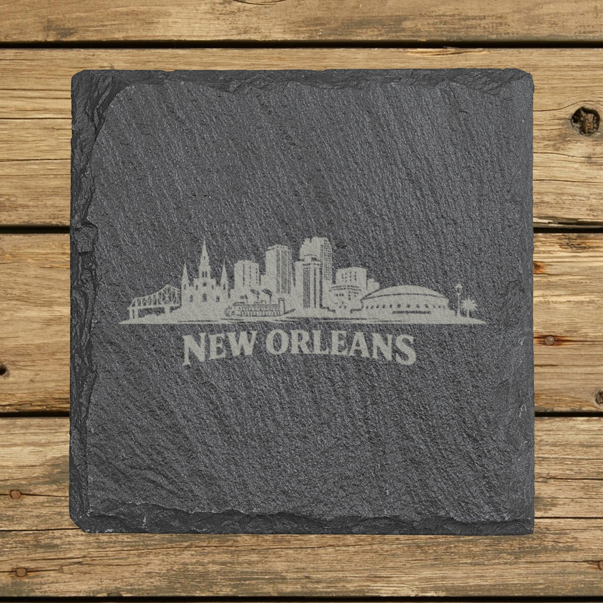 Square slate coaster laser engraved with the New Orleans, Louisiana skyline