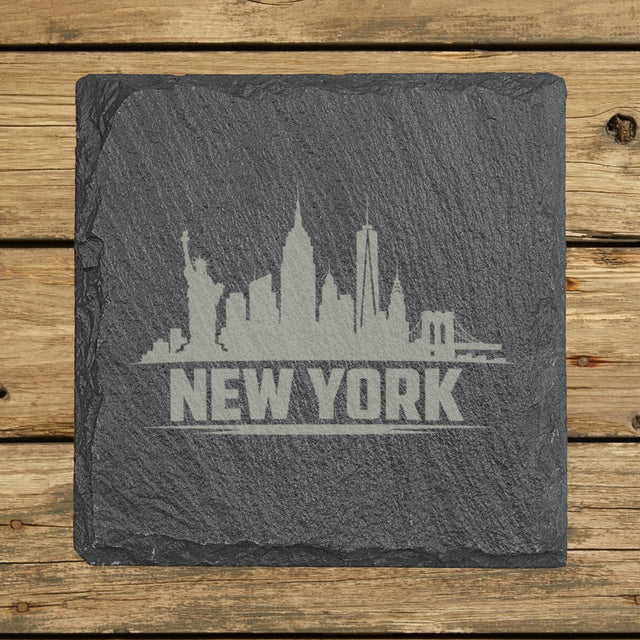 Square slate coaster laser engraved with the New York, New York skyline