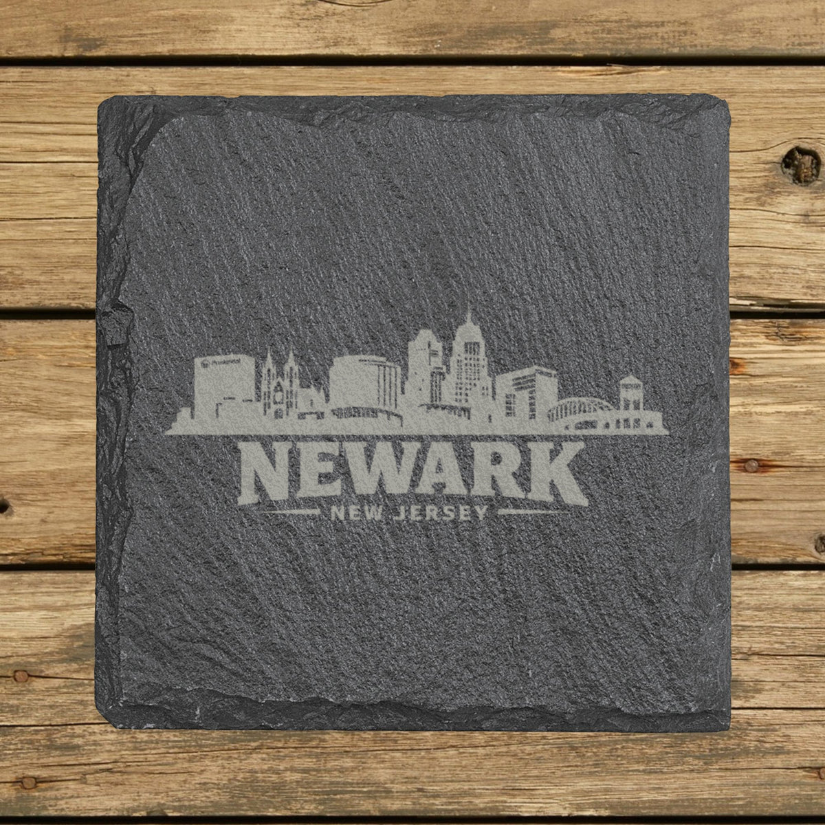 Square slate coaster laser engraved with the Newark, New Jersey skyline