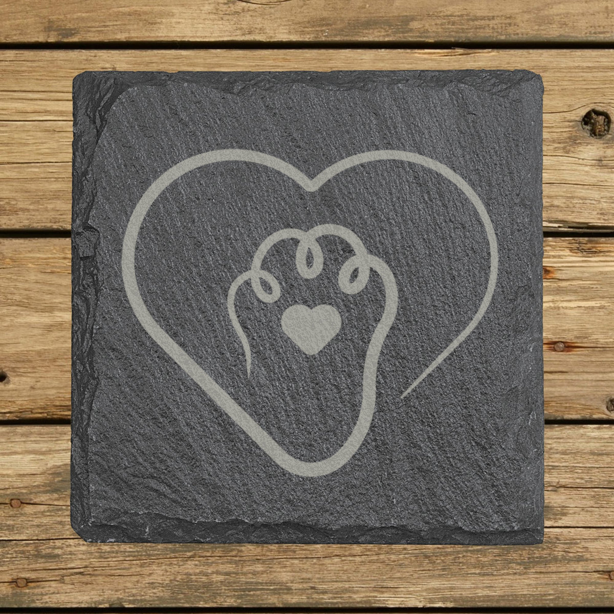 Square slate coaster laser engraved with "Paw in Heart"