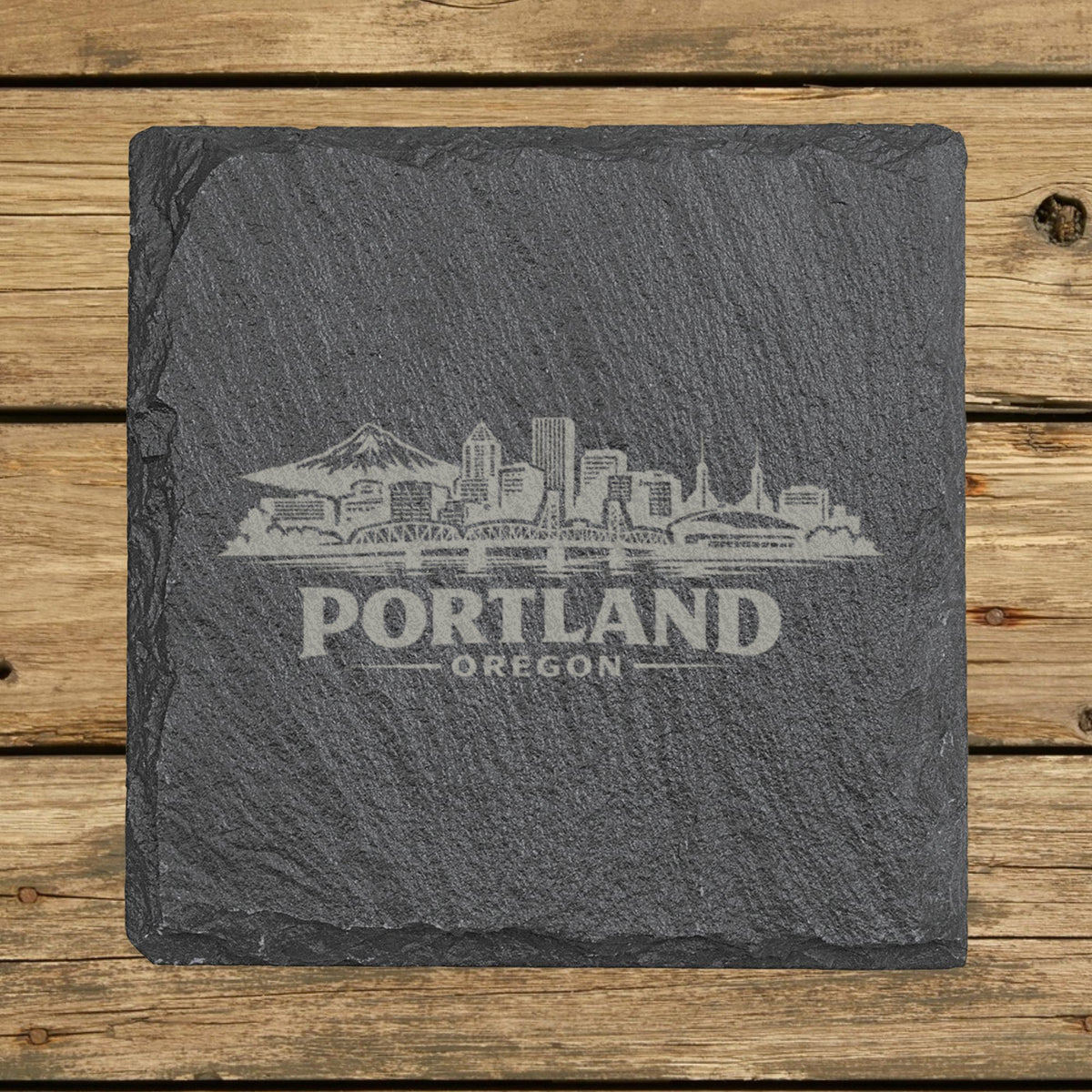 Square slate coaster laser engraved with the Portland, Oregon skyline
