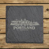 Square slate coaster laser engraved with the Portland, Oregon skyline