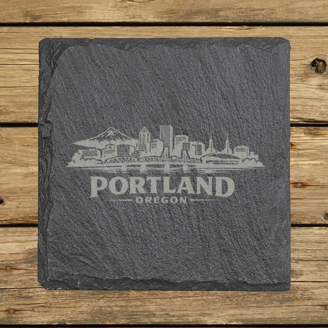 Square slate coaster laser engraved with the Portland, Oregon skyline