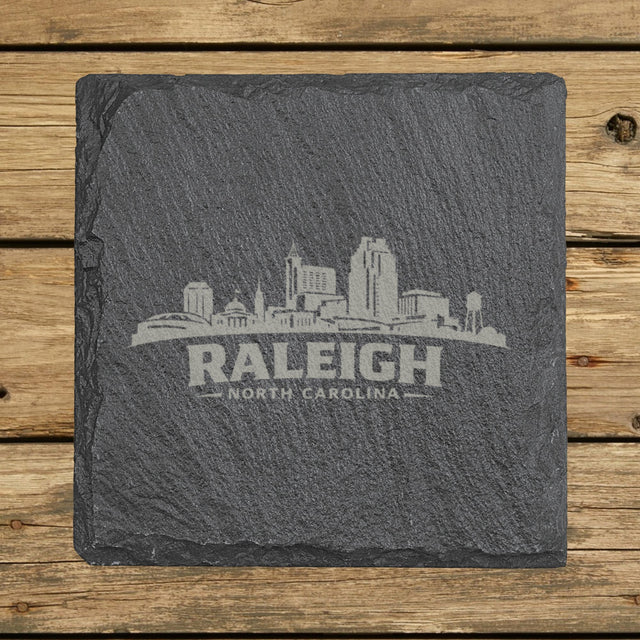 Square slate coaster laser engraved with the Raleigh, North Carolina skyline