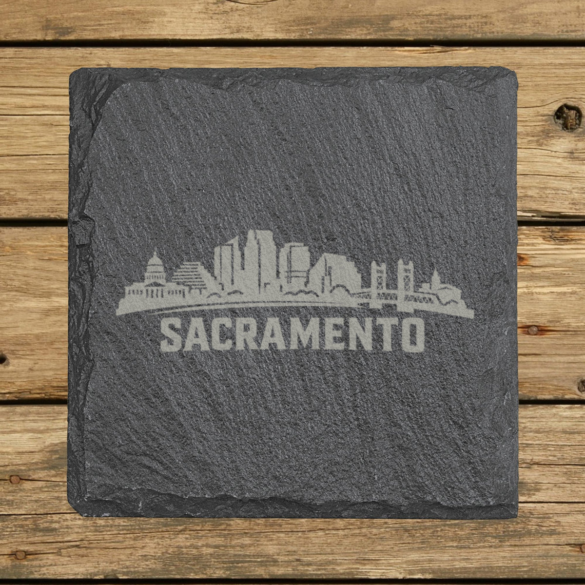 Square slate coaster laser engraved with the Sacramento, California skyline