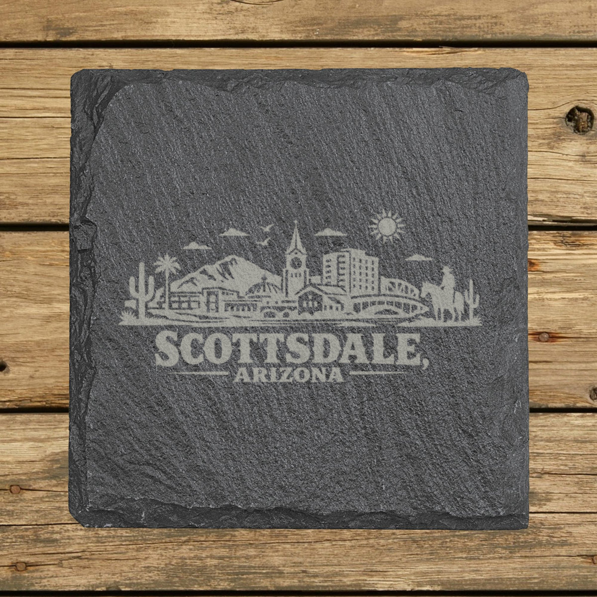 Square slate coaster laser engraved with the Scottsdale, Arizona skyline
