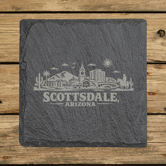 Square slate coaster laser engraved with the Scottsdale, Arizona skyline