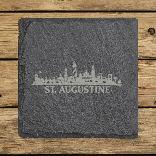 Square slate coaster laser engraved with the St. Augustine, Florida skyline
