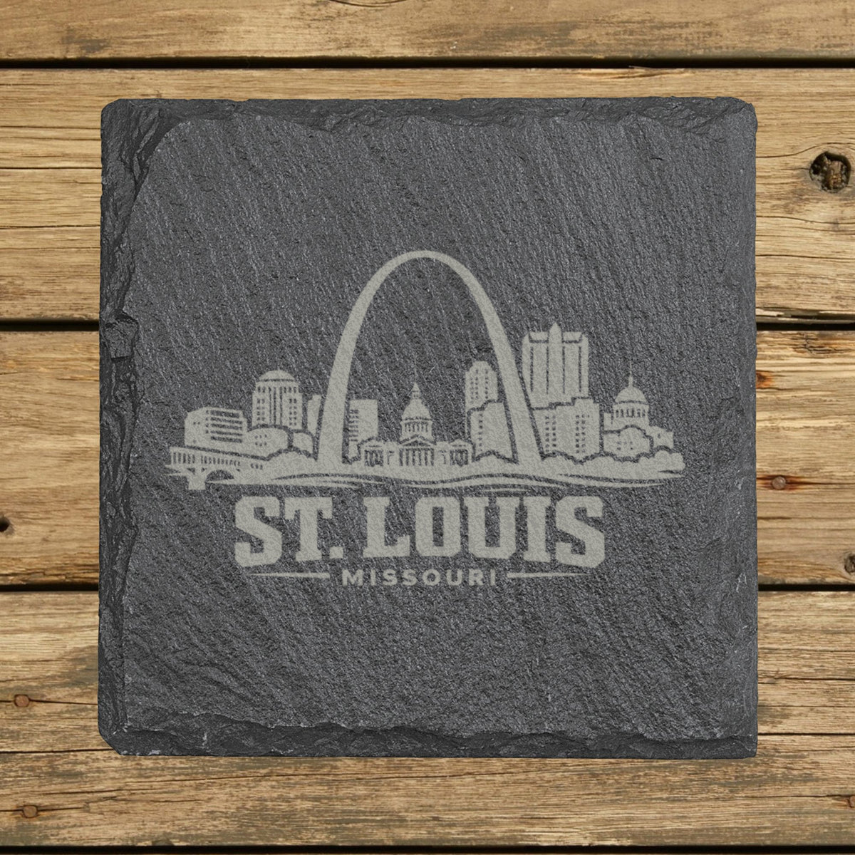 Square slate coaster laser engraved with the St. Louis, Missouri skyline