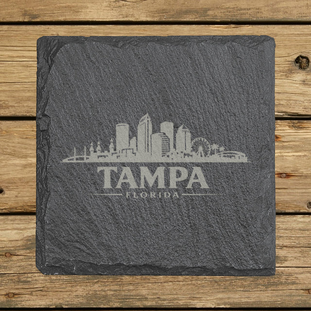 Square slate coaster laser engraved with the Tampa, Florida skyline
