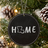 Black leatherette round Christmas ornament laser engraved with the Louisiana HOME Outline design, hanging on a tree