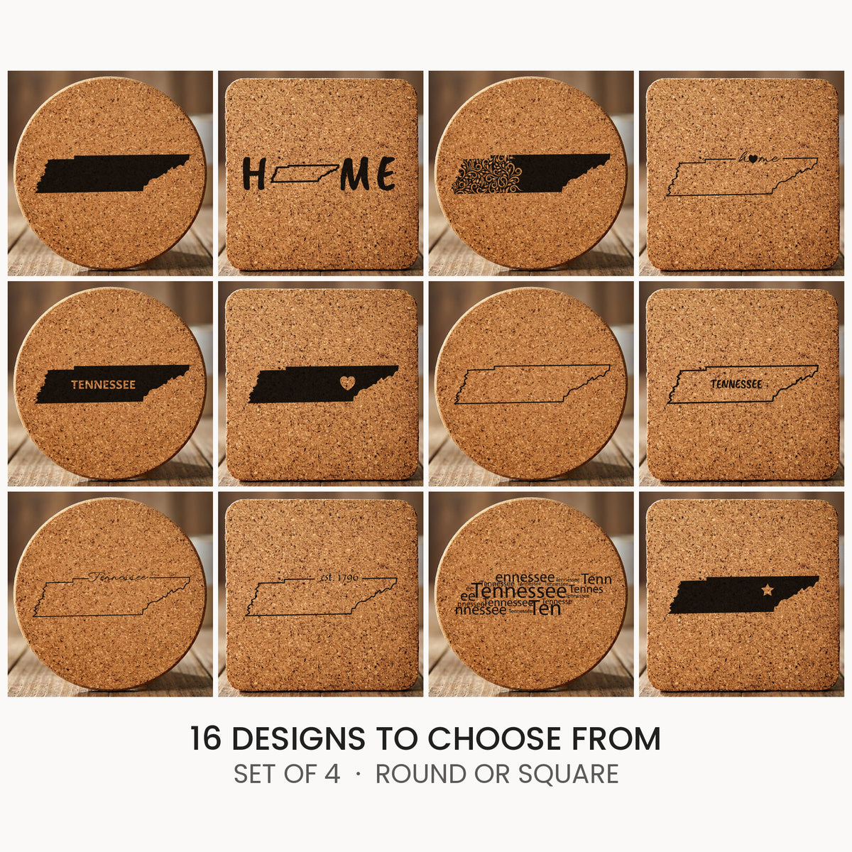 Tennessee cork coaster set, laser engraved natural cork