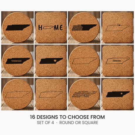 Tennessee cork coaster set, laser engraved natural cork