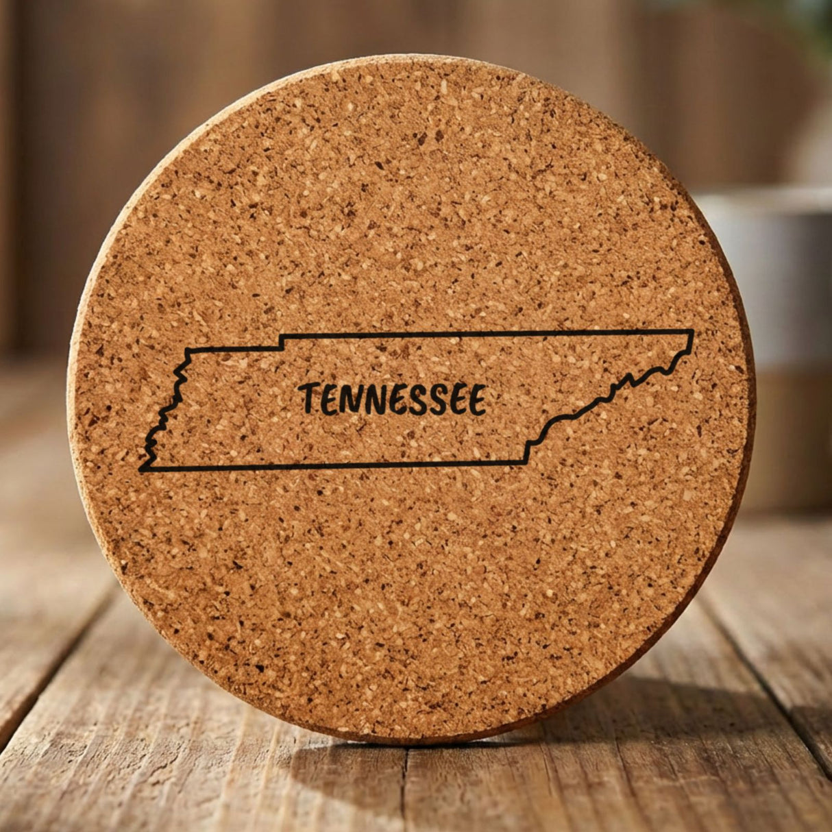 Tennessee round cork coaster engraved with the state outline and TENNESSEE in hand-drawn brush lettering