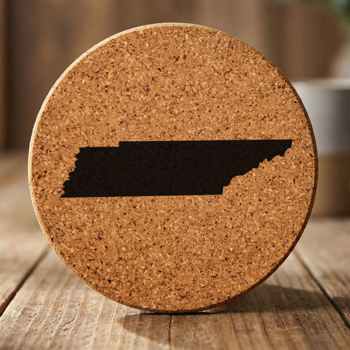 Tennessee round cork coaster with the full state shape engraved