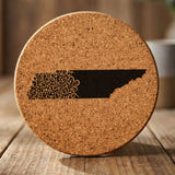 Tennessee round cork coaster engraved with the state shape in ornate floral scrollwork