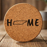 Tennessee round cork coaster engraved with HOME using the state outline as the letter O