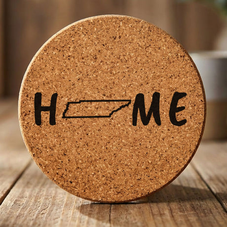 Tennessee round cork coaster engraved with HOME using the state outline as the letter O
