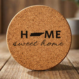 Tennessee round cork coaster engraved with HOME sweet home using the state shape as the letter O