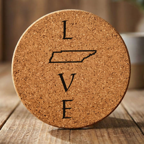 Tennessee round cork coaster engraved with LOVE stacked vertically using the state as the letter O