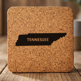 Tennessee square cork coaster engraved with the state shape and TENNESSEE in bold lettering