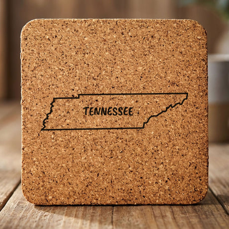 Tennessee square cork coaster engraved with the state outline and TENNESSEE in hand-drawn brush lettering