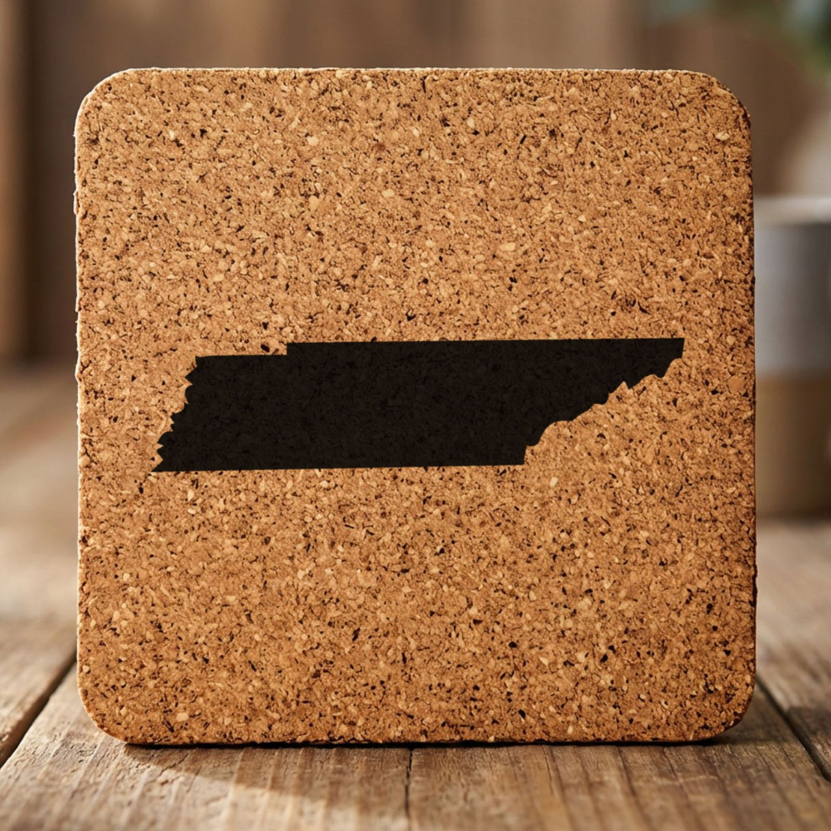 Tennessee square cork coaster with the full state shape engraved