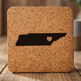 Tennessee square cork coaster engraved with the state shape and a heart