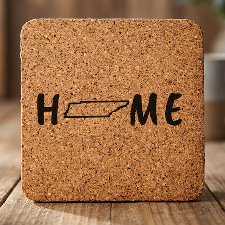 Tennessee square cork coaster engraved with HOME using the state outline as the letter O