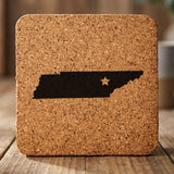Tennessee square cork coaster engraved with the state shape and a star