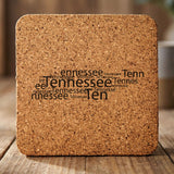 Tennessee square cork coaster engraved with a word cloud of repeating Tennessee text