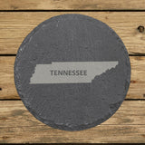 Tennessee round slate coaster engraved with the state shape and TENNESSEE in bold lettering