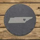 Tennessee round slate coaster engraved with the state shape and a heart