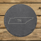 Tennessee round slate coaster engraved with the state outline and TN initials
