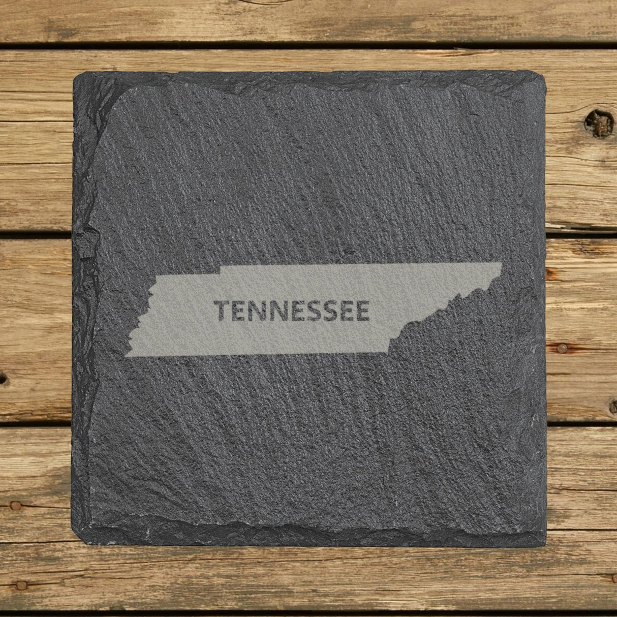 Tennessee square slate coaster engraved with the state shape and TENNESSEE in bold lettering