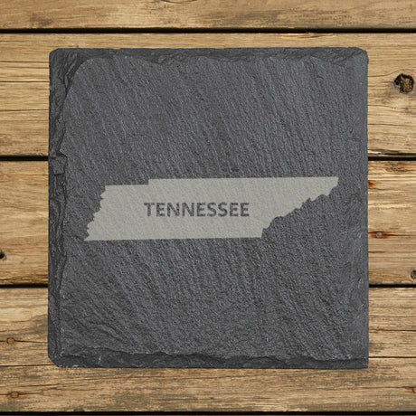 Tennessee square slate coaster engraved with the state shape and TENNESSEE in bold lettering