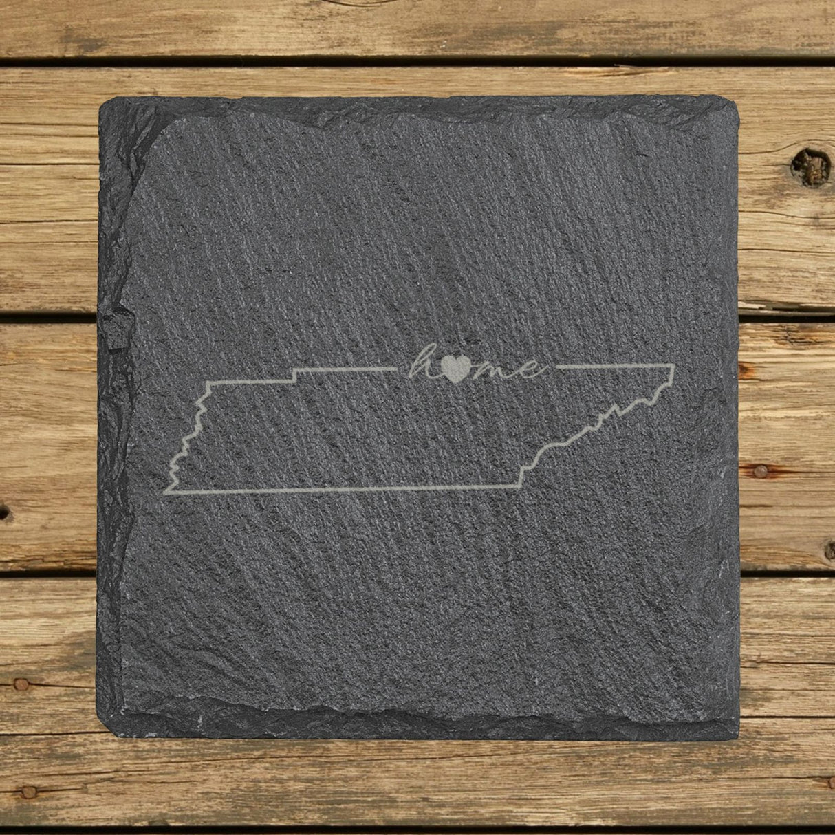 Tennessee square slate coaster engraved with the state outline and home in script with a heart