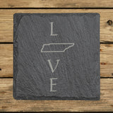 Tennessee square slate coaster engraved with LOVE stacked vertically using the state as the letter O