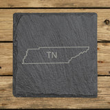 Tennessee square slate coaster engraved with the state outline and TN initials