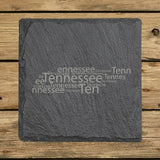 Tennessee square slate coaster engraved with a word cloud of repeating Tennessee text