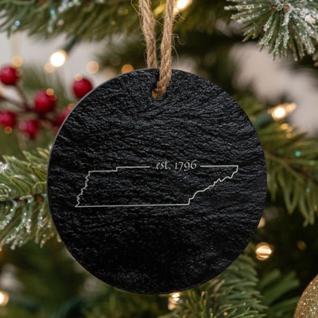 Tennessee round slate Christmas ornament engraved with the state outline and est. 1796