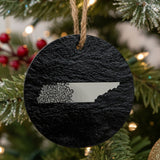 Tennessee round slate Christmas ornament engraved with the state shape in ornate floral scrollwork