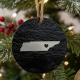Tennessee round slate Christmas ornament engraved with the state shape and a heart