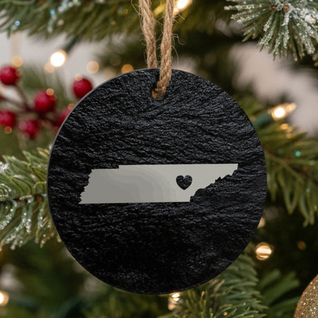 Tennessee round slate Christmas ornament engraved with the state shape and a heart