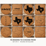 Texas cork coaster set, laser engraved natural cork