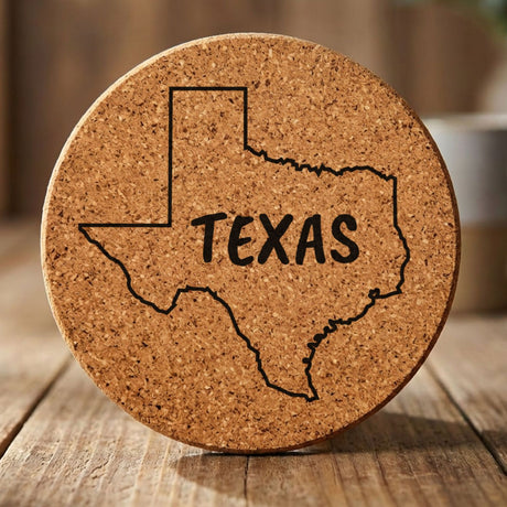 Texas round cork coaster engraved with the state outline and TEXAS in hand-drawn brush lettering