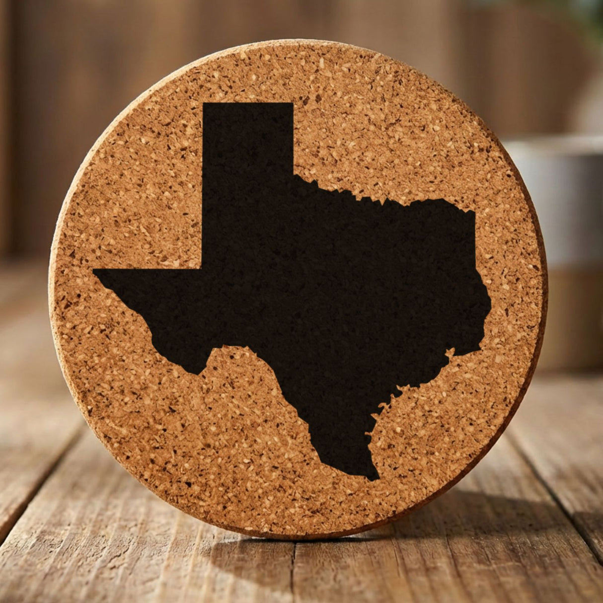 Texas round cork coaster with the full state shape engraved