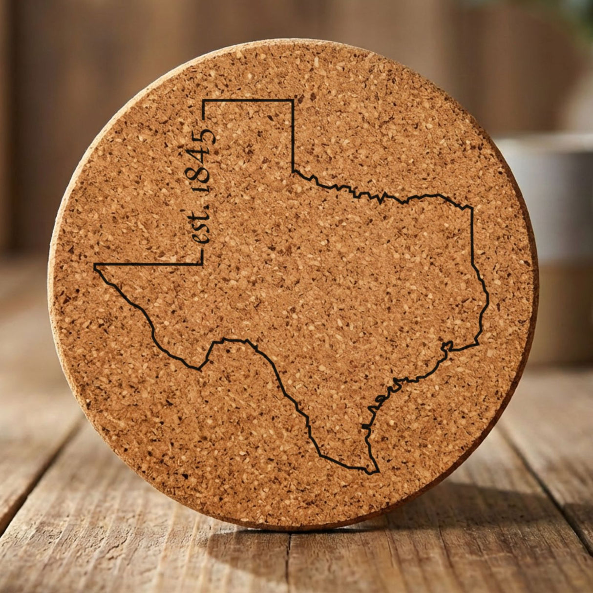 Texas round cork coaster engraved with the state outline and est. 1845