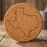Texas round cork coaster engraved with the state outline and est. 1845