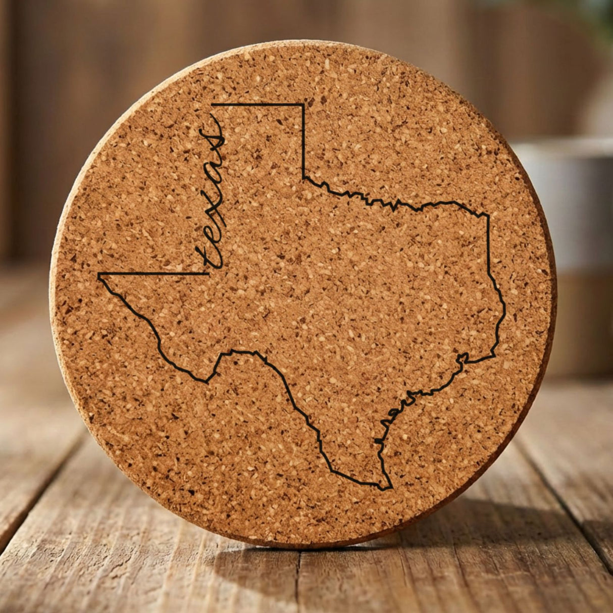 Texas round cork coaster engraved with the state outline and Texas in script lettering